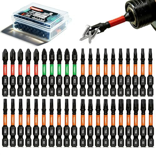 Toobeet 40tlg. Impact Multi Schraubendreher Bits Set, 50 mm Magnetischen S2 Stahl (T10/T15/T20/T25/T30/PH2/PZ2) Schlagfeste Schrauber Bitsatz für Schlagwerkzeuge inkl. robuster Aufbewah Ungsbox