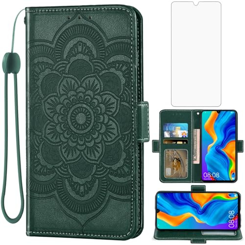 Asuwish Funda para Huawei P30 Lite con Cristal Templado Protector Pantalla Protectora Libro Cuero Piel Tarjetero HuweiP30Lite Hawaii P 30 Nova 4E MAR-LX1A MAR-LX1B Tapa Carcasa Capa Case Verde Oscuro