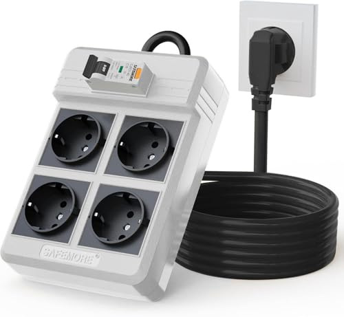 SAFEMORE Steckdosenleiste mit integriertem FI-Schutzschalter, 4-Fach RCD mit 16A/250V FI/LS-Schalter, FI-Steckdosenleiste 3680W mit 3m Verlängerungskabel und 30mA RCBO-Leistungsschalter (Weiß)