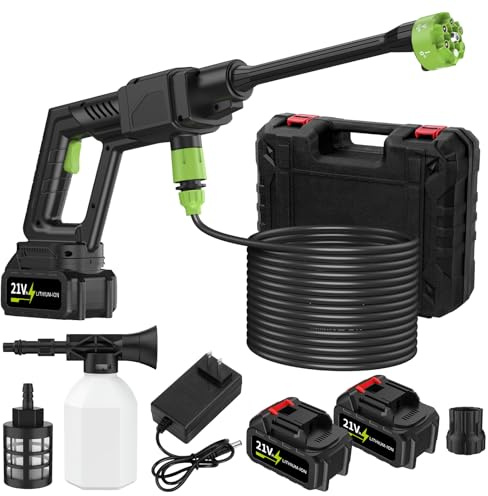 300W Nettoyeur Haute Pression sans Fil 21V avec 2 Batteries Rechargeables 1500mAh, Pistolet à Eau Portable avec Buse 6-en-1, Tuyau 5m, Bouteille Mousse, Filtre, pour Voiture Jardin