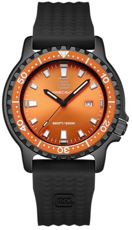 GLOCK Herren Quarz Uhr | 45mm Gehäuse | Armbanduhr mit Schwarzem Edelstahlgehäuse | Orangem Zifferblatt | Schwarzem Silikonarmband | 20ATM | GW-44-4-22
