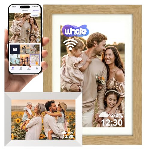 Save Digitaler Bilderrahmen 10,1 Zoll mit WLAN und IPS-Touchscreen, 16 GB | Foto- und Videoübertragung per App, automatische Bildrotation, Hellbraun