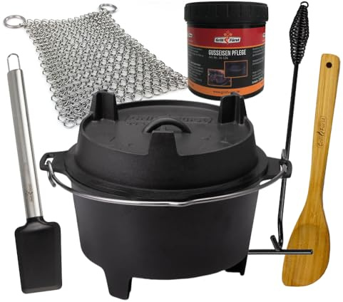 Grillfürst Dutch Oven ca. 6 Liter - stabil stehender Feuertopf durch speziell entwickelte T-Füße, hitzebeständiger Gusseisen Topf, Deckel als Pfanne nutzbar, DO 6
