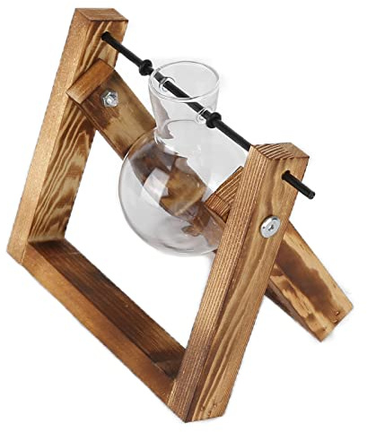 Xiuganpo Tisch-Pflanzgefäß aus Glas mit Retro-Holzständer und Mini-Vasen in Glühbirnenform für Wohnzimmer, Küche und Café aus Kiefernholz (Retro-Rack + Einzelflasche)