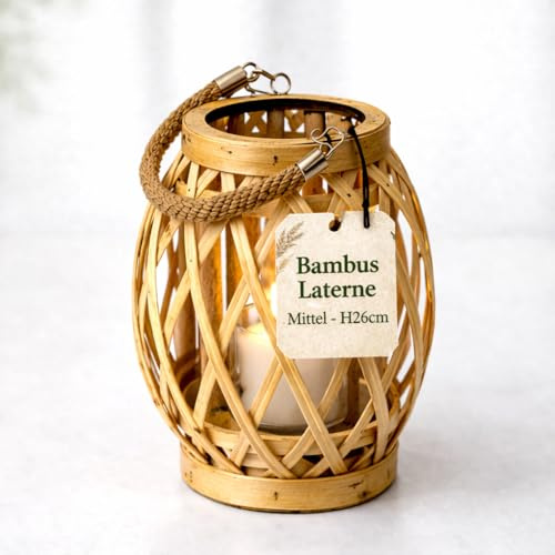 Bambus Windlicht Laterne im Boho Stil – Kerzenhalter mit Glas & Jutegriff – Für Balkon, Garten & Wohnzimmer – Warmes Licht & natürliche Deko – Klein, Mittel, Groß oder Set (Klein (H22cm))