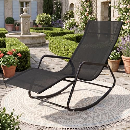 Multigot Rocking Sun Lounger, Zero Gravity Outdoor Chaise Lounge Chair with Curved Armrests, Metal Frame Rocking Deck Chair Leisure Fabric Sun Bed for Poolside Backyard (Black)