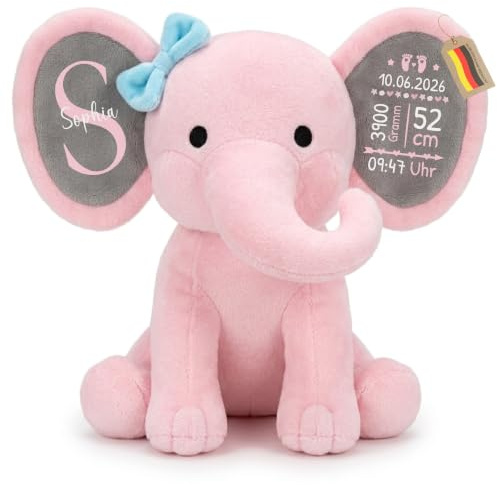 22Feels Plüschtier Elefant für Mädchen Babys – Geschenk zur Geburt, Taufe & Babyparty Tochter – Plüsch, Rosa-Grau mit personalisierten Geburtsdaten (25cm)