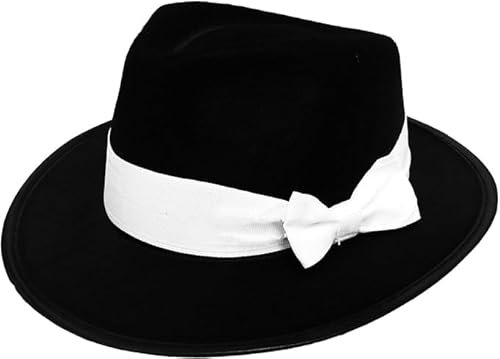 Schwarzer Gangsterhut für Erwachsene, Kostüm-Zubehör – Hochwertiger AL Capone Gangsters Trilby Black Gangster Fedora mit weißem Band – perfekt für Gangster-Kostüme – 58 cm