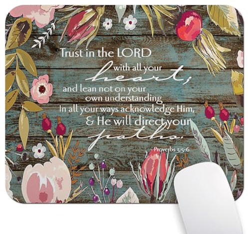 Wknoon Christian Bible Verses Scripture Quotes Proverbs 3-5 Mouse Pad, Trust In The Lord With All Your Heart Mouse Pads Vintage Old Floral Wood Design Mat | Christian Bible Verse Scripture Quote, Proverbs 3:5, Religious Faith Art, Inspirational, 9.5x 7.9, Cute, Vintage Flowers