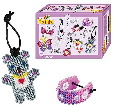 Hama Perlen 3508 Kreativbox Schmuck mit ca. 2.000 bunten Midi Bügelperlen mit Durchmesser 5 mm, Stiftplatte und Zubehör, inkl. Bügelpapier, kreativer Bastelspaß für Groß und Klein