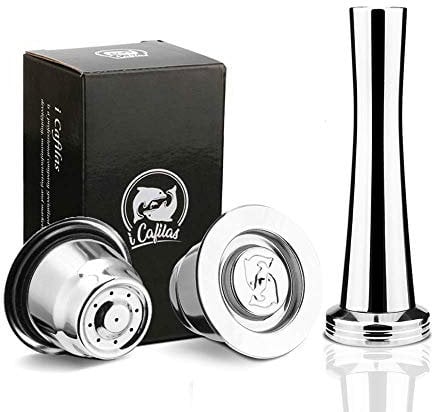 i Cafilas wiederverwendbare nachfüllbare Espresso Kaffee-Kapseln für Nespresso (2 Stück) mit Kaffee Filter aus Edelstahl, kompatibel mit Nespressomaschinen, inklusive 1 Stampfer, 1 Löffel, 1 Bürs