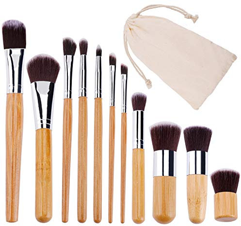 Make-up Pinsel Set Professionelle Kosmetik Pinselset Bambus Griff Foundation Blush Gesichtspuder Concealer Lidschatten Pinsel mit Aufbewahrungstasche 11 Stück