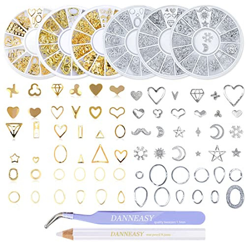 OYCOLOR 6 Wheels Gold Silver 3D Nail Art Studs Set Hollow Metal Nail Charm Star Moon Heart Manicure Decoration With 1Pc Curved Tweezers And Wax Pen