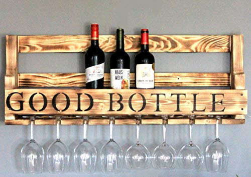 Dekorie Casier à vin mural en bois avec porte-verres et inscription Good Bottle - Couleur : flammé - Prêt à l'emploi - Étagère pour bouteilles de vin et verres à vin