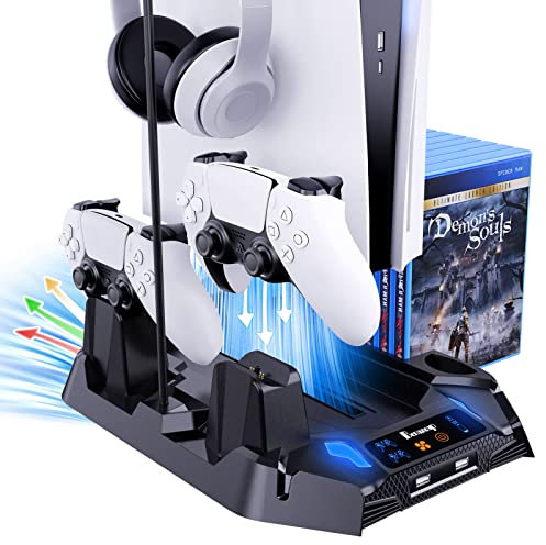 Benazcap Supporto PS5 con Ventola di Raffreddamento, Accessori PS5 per Console Playstation 5 con Stazione di Ricarica Doppio Controller, 1 Supporto per Cuffie e Conservazione per 8 Giochi - Nero