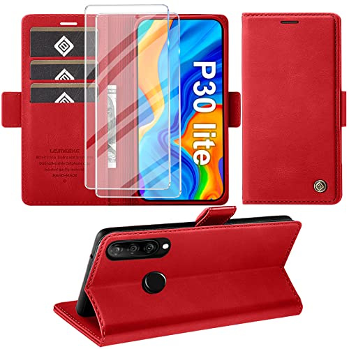 Giyer Handyhülle für Huawei P30 Lite Hülle mit Panzerglas, Schutzhülle P30 Lite Premium Leder Wallet Case Standfunktion Kartenfach Flip Cover for Huawei P30 Lite Stoßfeste Klapphülle 6,15 Zoll