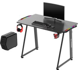 ULTRADESK Enter V2 LED | Computertisch Gaming-Schreibtisch Tisch mit verstellbaren, rutschfesten Füßen, Stromkabel-Clip, Headset-Haken Plus LED-RGB-Beleuchtungseffekt | Stahlrahmen, Schwarz 100x60 cm