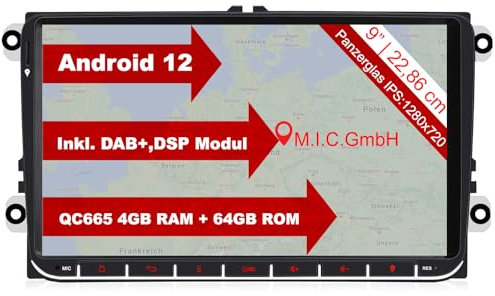 M.I.C. AV9V2 Android 13 Autoradio mit navi: Snapdragon 665 4G+64G;9IPS Panzerglas Display;4G SIM,Carplay,Android Auto,DAB,Bluetooth 5,WiFi,GPS: Ersatz für VW Golf T5 Touran Passat rns rcd,SKODA,SEAT