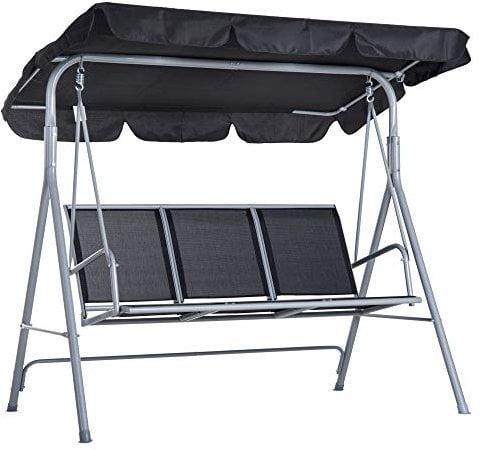 Outsunny Hollywoodschaukel mit verstellbarem Sonnendach, 3-Sitzer Gartenschaukel mit Anti-Rutsch-Füßen, Schaukelbank belastbar bis 240 kg, Gartenliege für Garten, Terasse, 170x110x153cm, Grau+Schwarz