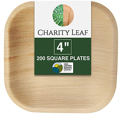 Charity Leaf - 4 mini assiettes jetables en forme de feuilles de palmier comme des assiettes en bambou | Mariages, planches de charcuterie et fêtes | Assiettes Carrées (200, 4 Carrées)