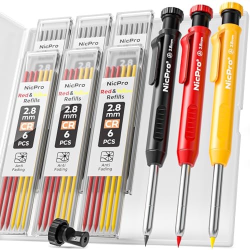 Nicpro 3 Pièces Porte Mines, Crayon Chantier avec 36 Recharges, Crayons Charpentier Marqueur à trou Profond, Crayon Menuisier pour Architecte Menuisier (Rouge, Jaune, Noir)