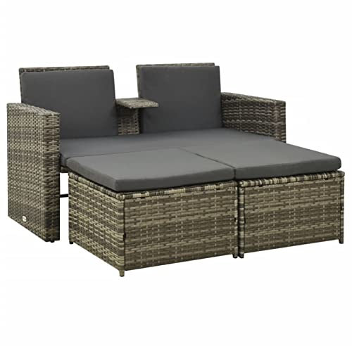 Gecheer 3-TLG. Gartenlounge, Garten-Lounge-Set mit Auflagen, Sonnenliege, Gartenliegen, Gartenmöbel, Terrassen Sitzmöbel, 2-Sitzer-Sofa & Hocker Poly Rattan Grau