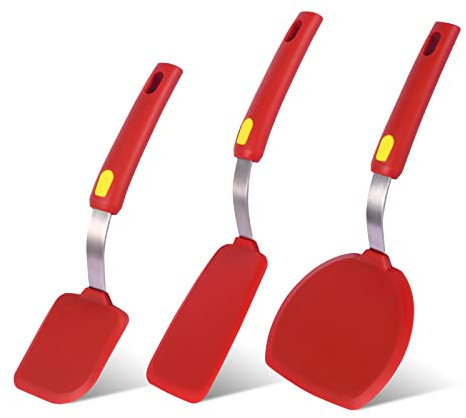 Kitchen Spatulas Silicone Turner Heat Resistant Melt Proof Spatula Set for Nonstick Cookware,Flexible Non Scratch Thin Spatula Wide,Angled and Flipper 3-pack for Frying Eggs,Pancake,Burger,Fish.Red