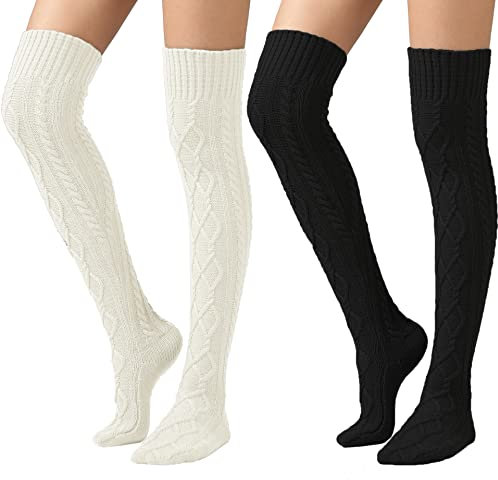SherryDC Damen Zopfstrick Oberschenkelhohe Stiefelsocken Extra Lang Winterstrümpfe Beinstulpen, 2 Packungen weiß + schwarz, Einheitsgröße