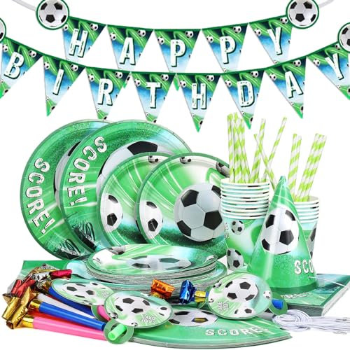 MOOKLIN ROAM Fussball Partygeschirr Set für 16 Gäste, 114 Stück Kindergeburtstag Party Supplie, Jungen Party Geburtstag Deko, Pappteller Servietten Tischdecke Strohhalme Pappbecher Blowouts Banner