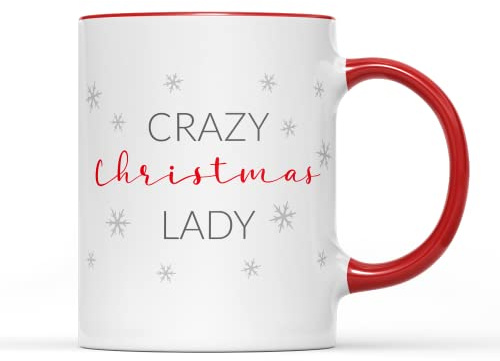 SMARTYPANTS Crazy Christmas Lady Mug - Novelty Funny Fun Joke Silly Xmas Crimbo Winter Snowflake Office Work Secret Santa Stocking Filler Gift Present Tea Coffee Cup (Red Handle Prime)