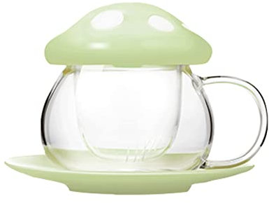 AYAROS Té de cristal de hongo con asa, taza de 10 onzas, bonita taza de hongo con tapa de infusor de filtro y platillo, bonita tetera kawaii para oficina en casa, regalos lindos para niñas