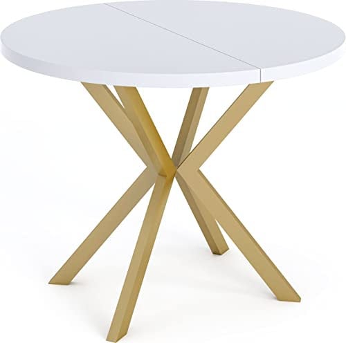 WFL GROUP Runder Ausziehbarer Esstisch - Loft Style Tisch mit Goldenen Metallbeinen - 100 bis 180 cm - Industrieller Rund Tisch für Wohnzimmer - Spacesaver - 100 cm - Weiß