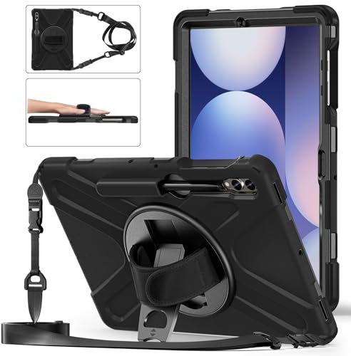 Gerutek Cover per Samsung Galaxy Tab S10 Plus/S9 FE Plus/S9 Plus/ S8 Plus/S7 Plus/S7 FE 12.4 Pollici, Custodia Silicone Antiurto con 360 Supporto Rotante e Tracolla per Galaxy Tab S10+, Nero
