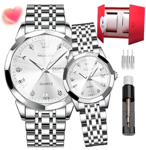 OLEVS Paar Quarzuhren Luminous Kalender Datum Fenster 3ATM Wasserdicht Casual Armbanduhr für Männer Frauen Liebhaber Hochzeit Romantisch, 9931-white Dial-Couple Style, Klassisch