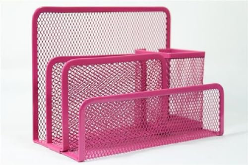 ARA CHOICE Metal Mesh Letter Holder, Office Trays for Notepads Business Card Mail Sorter with Document Tray Desktop File Paper Rack Storage With Pen Pencil Holder For Home Office (Pink)