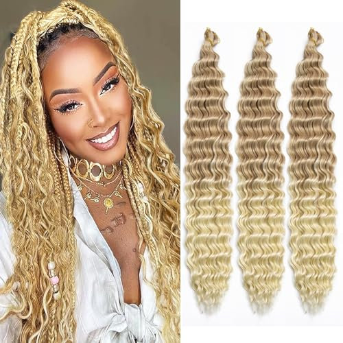 Ocean Wave Flechtfrisur für schwarze Frauen Deep Wave Crochet Hair Ocean Wave Crochet Synthetic Hair Extension für Boho Zöpfe… (T27/613#, 24inch-3packs)