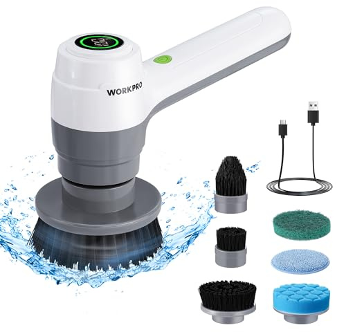 WORKPRO Depurador giratorio eléctrico inalámbrico de 8 V, IPX6 impermeable con 6 cabezales de cepillo reemplazables, limpiador eléctrico ajustable de 3 velocidades para limpiar baños, fregaderos de