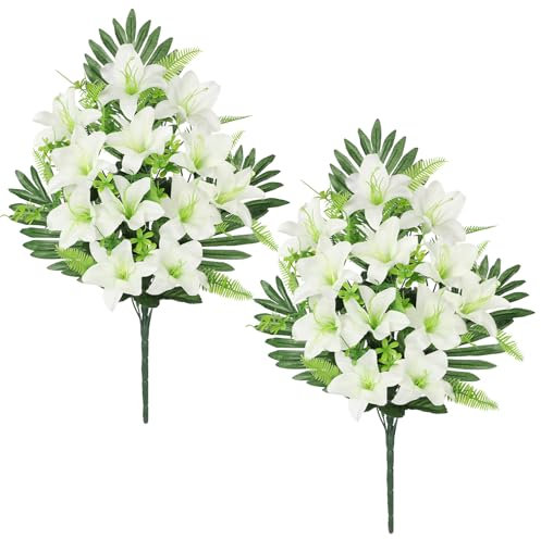 Oairse Lot de 2 fleurs artificielles pour tombe, bouquet de fleurs de lys artificielles pour décoration de cimetière