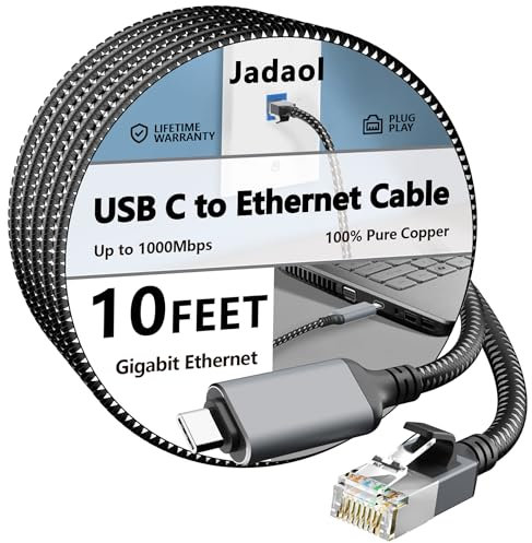 Cavo da USB C a Ethernet, 3 m, senza driver da tipo C a RJ45, compatibile con Thunderbolt 3/4, Plug & Play, nylon intrecciato, 1 Gbps Gigabit LAN per MacBook Pro/Air, iPhone 15 Pro/Max, Dell XPS,
