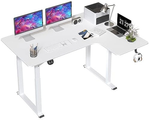 Dripex höhenverstellbarer Schreibtisch 160cm, L-förmiges Stehpult mit Dual Motor, Eckschreibtisch mit 4 Beinen, weiß