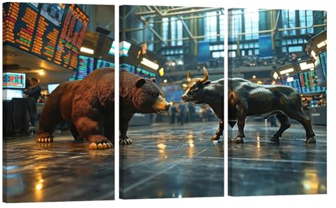 3-teiliges Leinwandbild, Motiv: Bär und Stier, Ständer an einer Börse, Leinwandbild, Poster, Wandkunst, Bild für Wohnzimmer, Schlafzimmer, Büro, Holzrahmen, einfach und fertig zum Aufhängen, 50,8 x