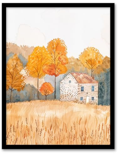 Artery8 Autumn Forest Trees by Wheat Farm Stone House Living Room Artwork Framed Wall Art Print A4