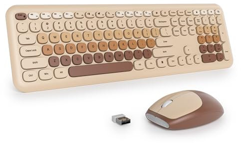 SbocKeeb Tastatur und Maus Kabellos, Retro Bunt Tastatur Funktastatur mit Stille Mouse Amerikanisch QWERTY, Cute Wireless Schreibmaschine Tastaturin in Voller Größe USB 2.4GHz für PC 666-Coffee