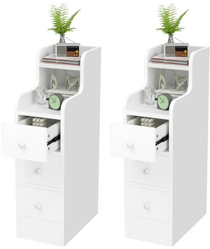 CHOWGOLI Nachttisch Schmal 2er Set, Nachttisch Klein für Schlafzimmer, Wohnzimmer, Beistelltisch mit Schublade, Schmaler 20 cm Breit 70 cm Hoch, Nachtschrank Schmal Weiß, 20x35x70 cm