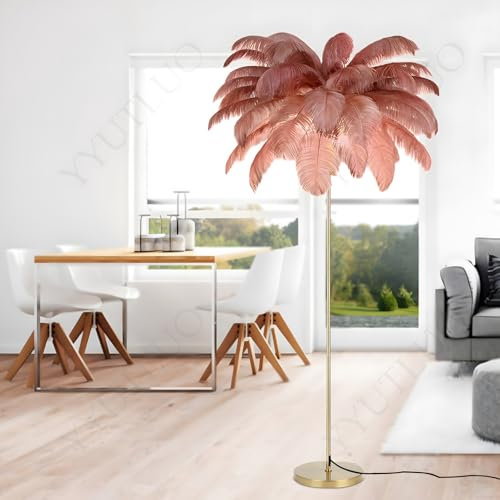 YYUTLUO Lampe À Plumes Moderne, Lampadaire En Plumes D'Autruche Naturelles, Hauteur 160cm, Poteau Et Base Dorés, 3 Températures De Couleur,Ampoules LED G4,Salon,Bureau (Couleur De La Pâte De Haricots)