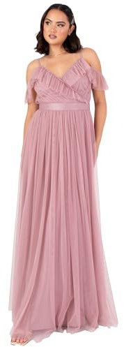 Anaya with Love Women's Maxi Dress Ladies Sleeveless V-Neck Cold Shoulder Tulle Sash Tie Belt A-Line Bridesmaid Wedding Guest Ball Gown, Bridal Rose, 46