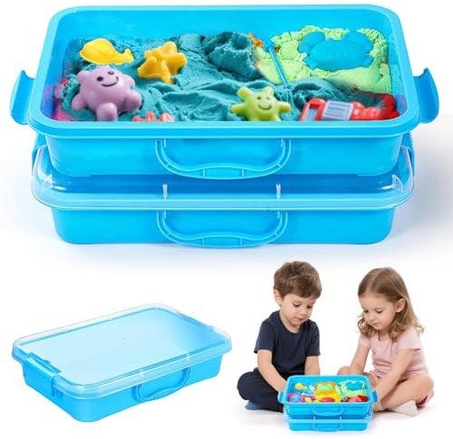 2 pezzi Sensory Bin con coperchio per bambini, Play Sand con sandbox giocattolo con manico per bambini, contenitore portatile Sensory Sandbox per bambini, vassoio in plastica per acqua, sabbia, perle