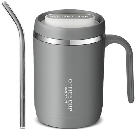 Kytpyi Tasse a Cafe, Gobelet Isotherme avec Paille, 400ml Anti-brûlure Mug Isotherme Acier Inoxydable à Double Paroi avec Couvercle pour Maison Lécole Bureau (Gris)