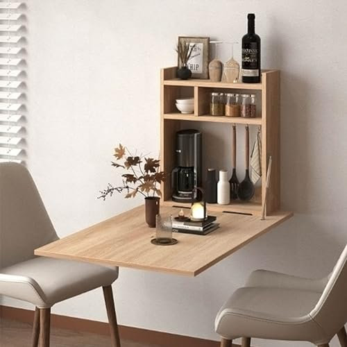 Solid Wood Wall Mounted Folding Desk with Storage Shelves Multi Functional Drop Leaf Table for Small Spaces
