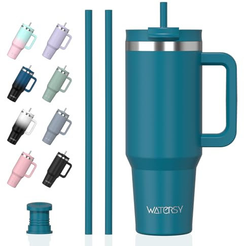 WATERSY 1.2L Thermobecher mit 2 Strohhalmen, Trinkbecher Auslaufsicherer Kaffeebecher To Go Vakuum-Isoliert mit BPA frei Schraubdeckel, Trinkflasche Kühlt 12 Stunden,Lagune
